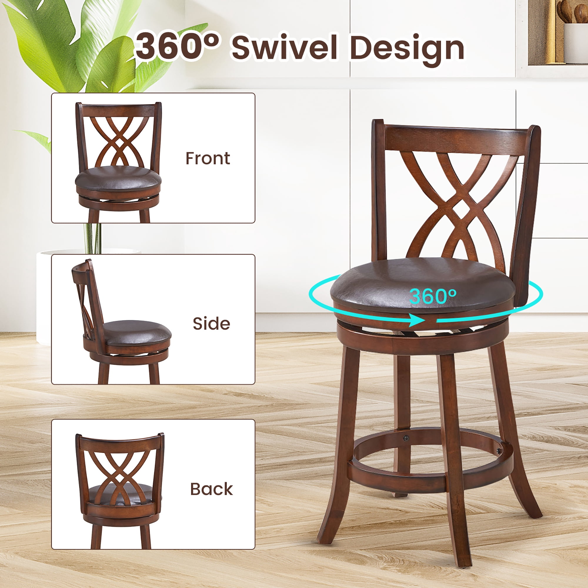 Costway Set of 4 Swivel Bar Stools Counter Height Dining Pub Chairs with  Rubber Wood Legs