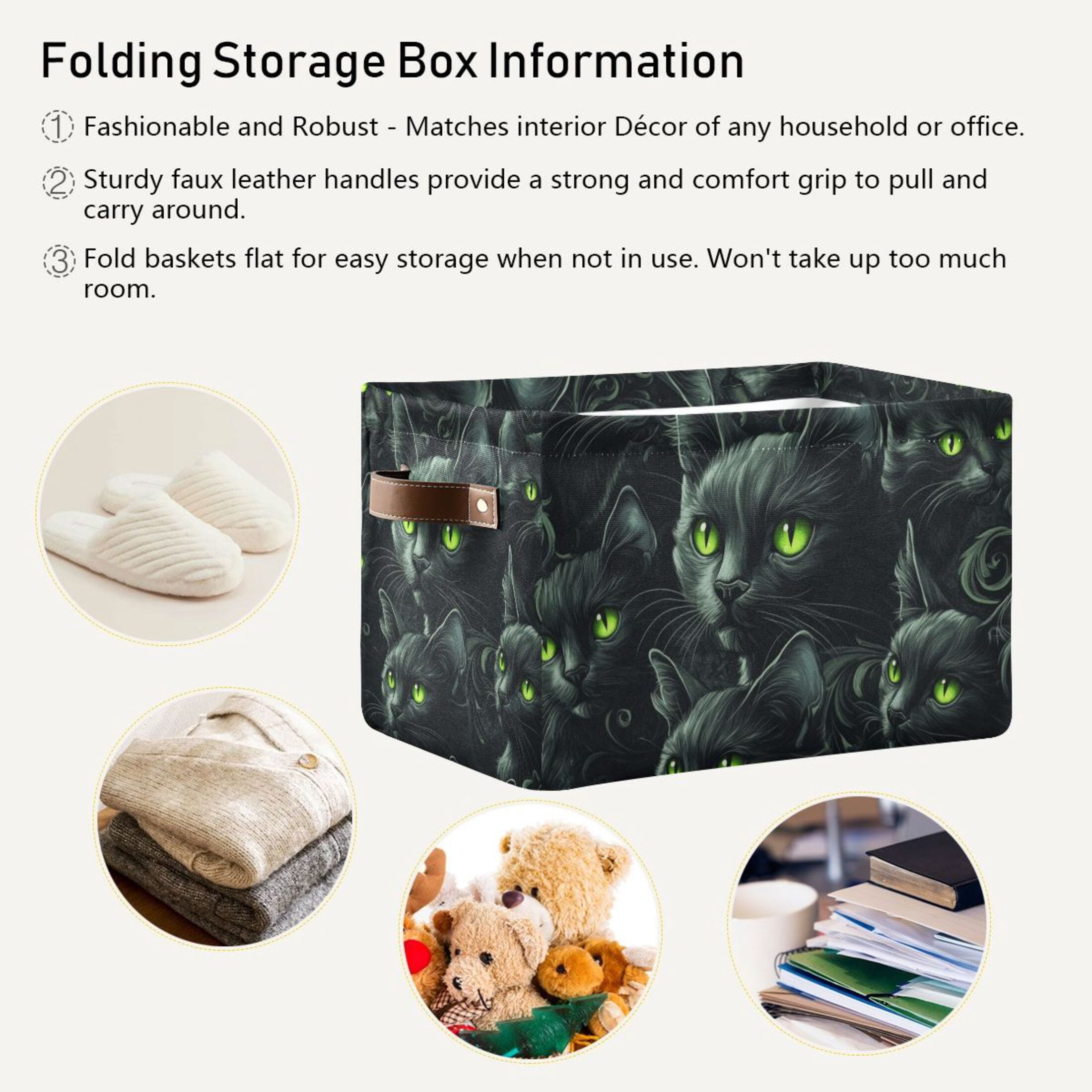 WOBOGO Dark Pattern with Black Cats Square Storage Basket with Waterproof Canvas and PE Lining Durable PU Leather Handles 14.2×10.2×8.3in