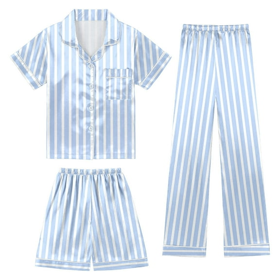 3 Piece Girls Silk Pajamas Set Satin Pjs Button Down Tops Shorts and Pants Sets Sleepwear Striped Print Clothes Size 3-13T