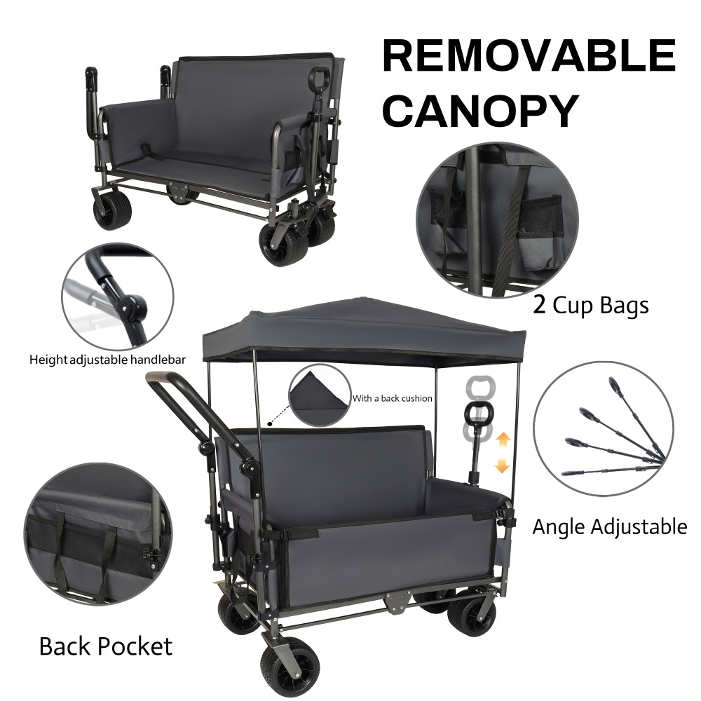 3-in-1 Folding Wagon Cart with Bench Seat,Canopy and Storage, All-Terrain Wagon with Back Pocket,Cup Bags, Adjustable Handle,500lbs Capacity,Heavy Duty Utility Cart for Camping,Beach,Sports,Gray