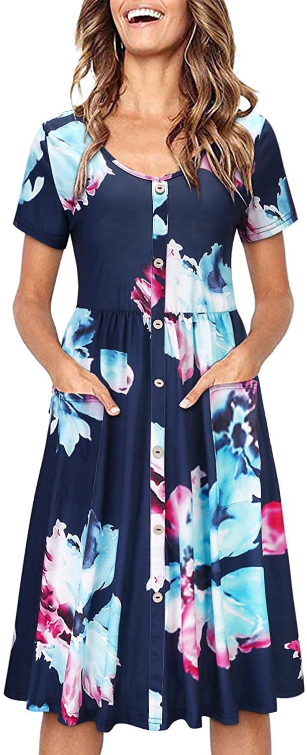 OUGES Womens Long/Short Sleeve V Neck Button Down Midi Skater Dress with Pockets 