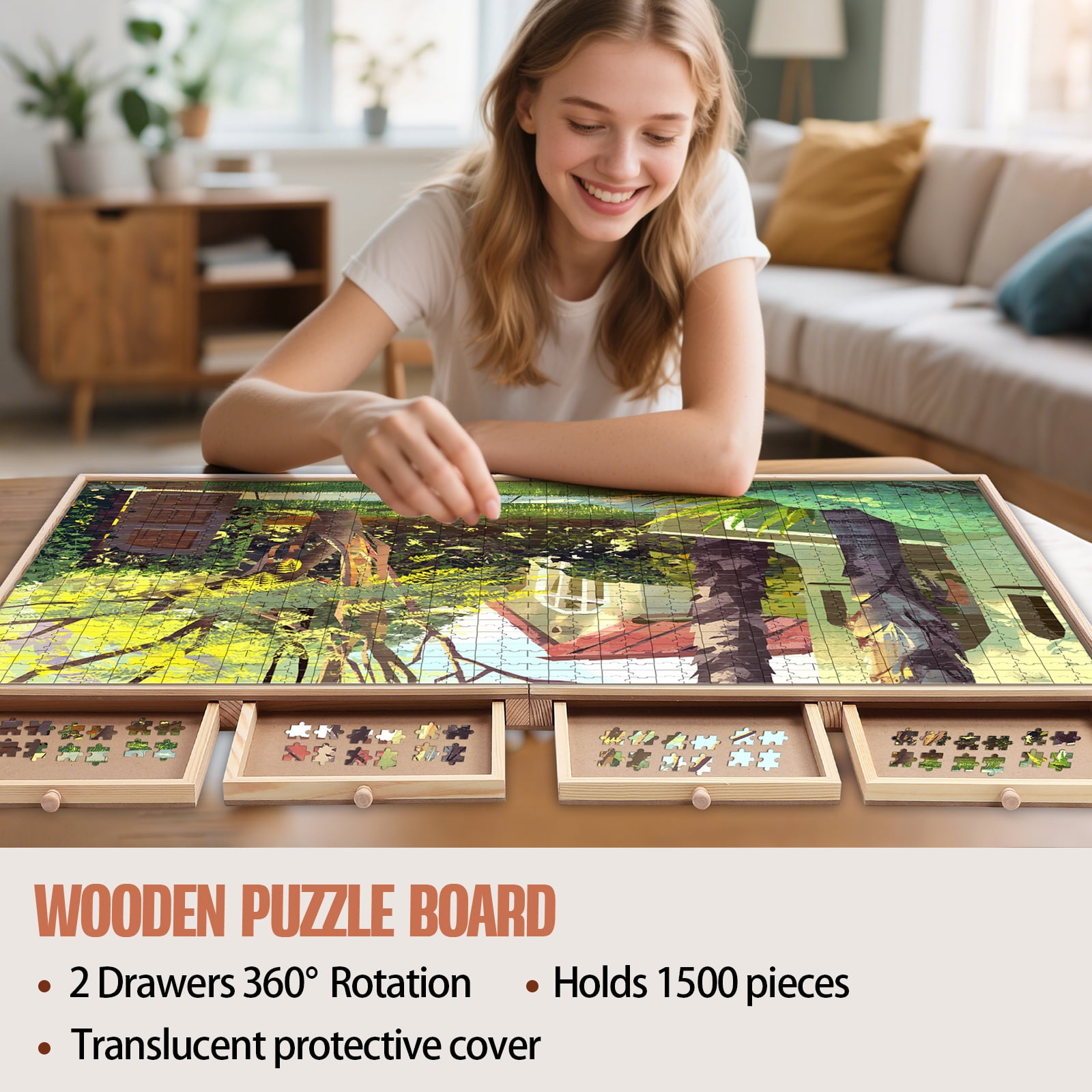 1500 Piece Puzzle Board With Cover And 8 Drawers , 34" X 26" Wooden Rotating Jigsaw Puzzle Table, Fold Spinning Puzzle Boards For Adults