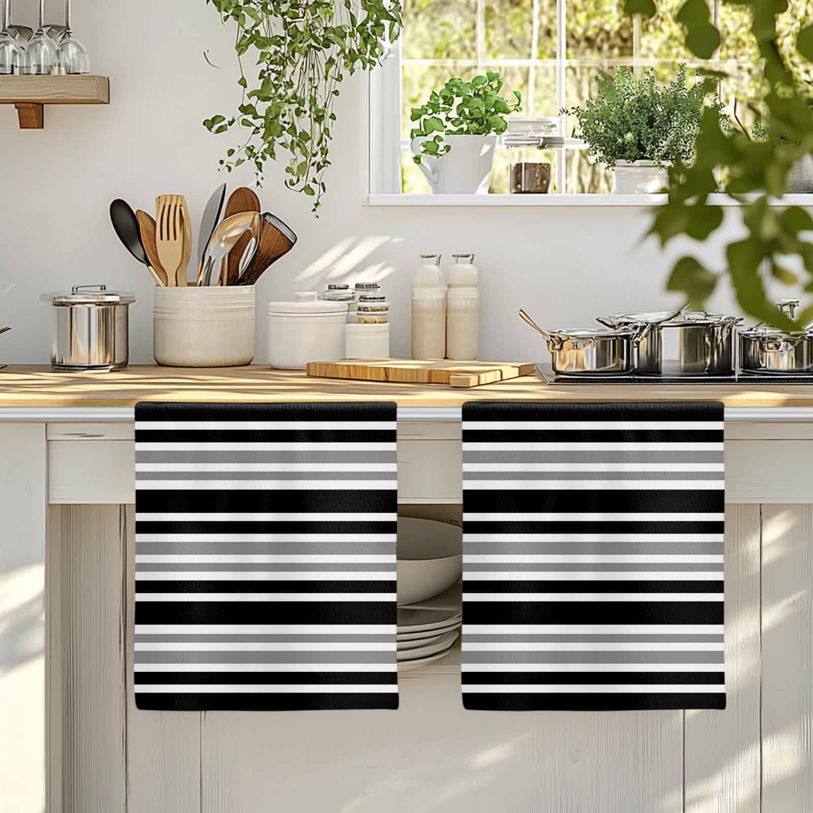 Dish Towels, Gray Black Stripes Absorbent Kitchen Towels 2 PCS, Contrast Striped Microfiber Hand Towels Dish Cloths Tea Towels for Home&nbsp;Bathroom Cleaning Drying,18X28-Inch,