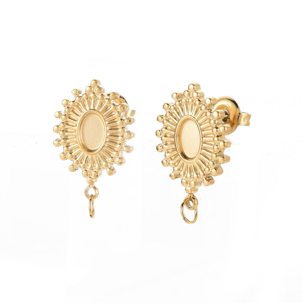304 Stainless Steel Stud Earring Findings Earring Setting for Enamel with Ear Nuts and Loops Oval Real 14K golden Plated 20x14mm Hole: 2.5mm Pin: 0.7mm Tray: 4x6mm