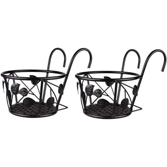 Hanging Railing Planter Iron Art Hanging Baskets Flower Pot Holder Hanger Over The Metal Fence Rail for Patio Balcony Porch or Fence Planters Assemble (Leaf, 2pcs Black)