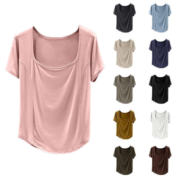 Ahuyic Womens Plus Size Top,Womens Summer Blouse,Womens Summer Fashion Casual Yoga Front Collar Straight Shoulder Short Sleeve Round Neck Top/Shirt Beige L