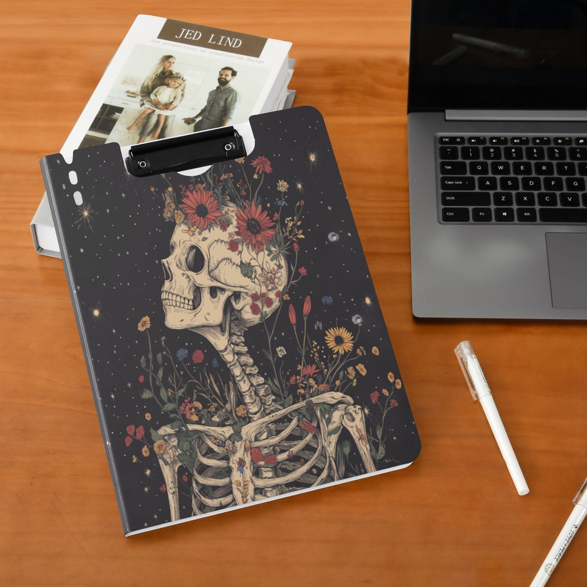 FORMRS A4 Clipboard Folder with Pen Holder Horizontal Foldable School Office Binder, Skeleton with Flowers Pattern