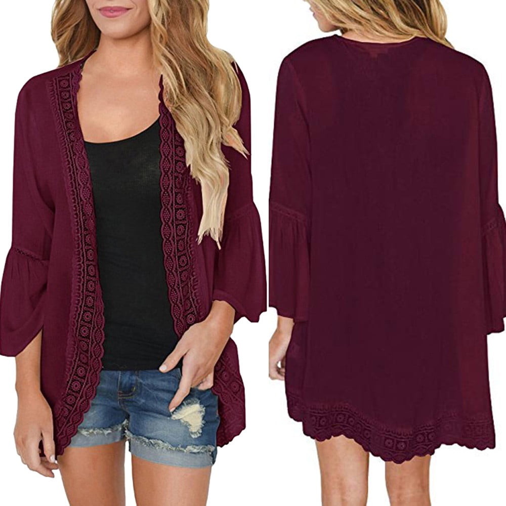 Womens Casual Solid Lace Long Sleeve Chiffon Cardigan Loose Kimono Blouse Tops Chiffon Cardigan