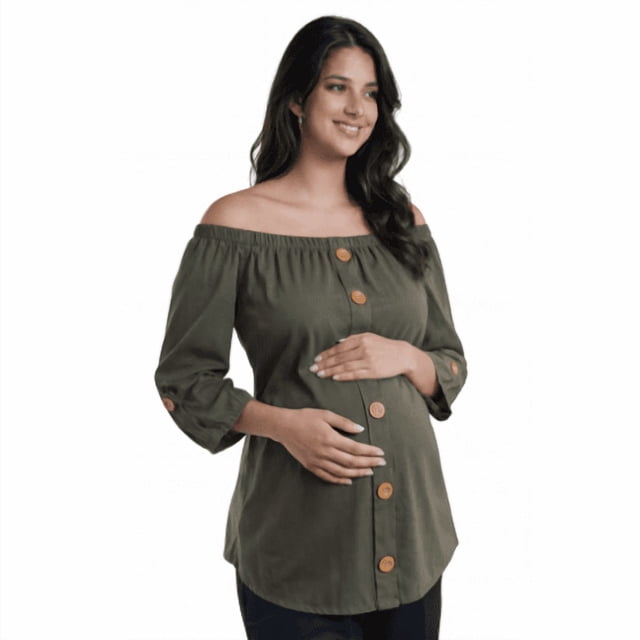 Blusa Maternidad Off Shoulder Rayón Fresca Cómoda Ropa Embarazo Blusa Mujer Versátil Color Verde Militar