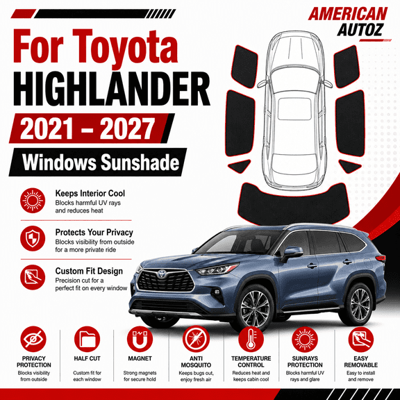 Toyota Highlander 2021 To 2027 7 Pcs Set Custom Fit Magnetic Window Sunshades, Visor, Covers