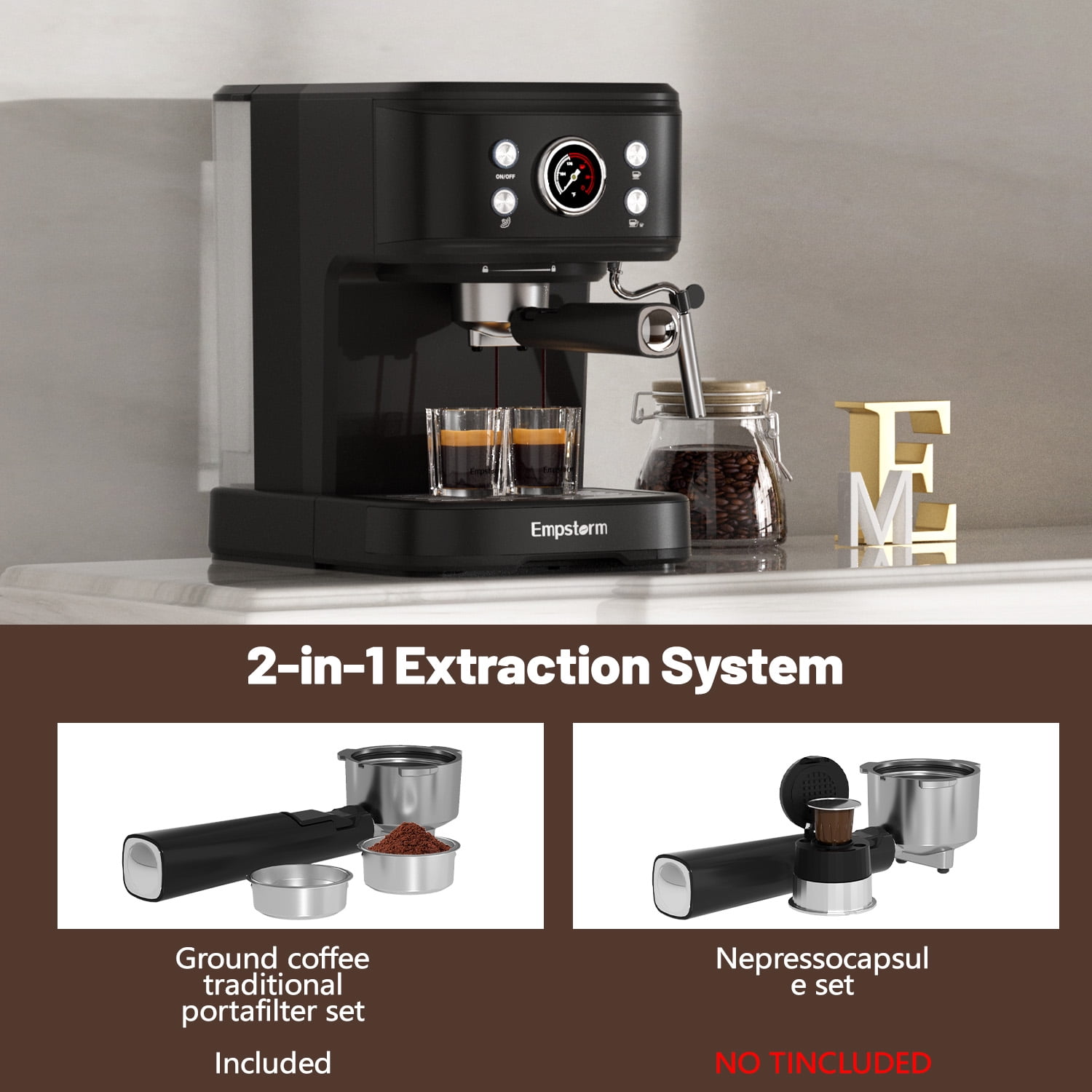 Empstorm 20 Bar Espresso Machine with Milk Frother Steam Wand, 3-in-1 Coffee Maker, Compatible with NS Capsules, Stainless Steel, for Latte & Cappuccino, Black