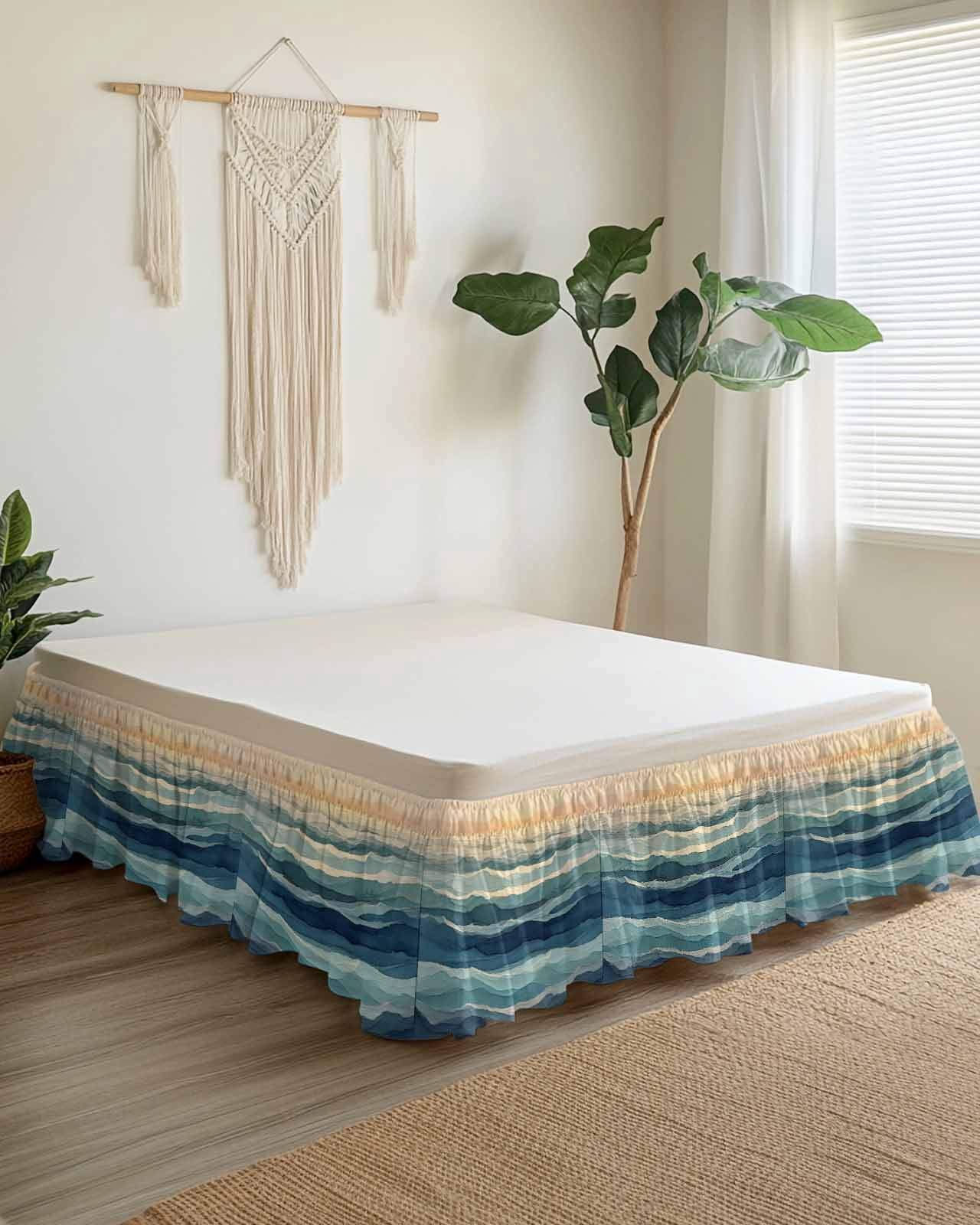 Abstract Ocean Bed Skirt California King Size 18 Inch Drop, Dark Blue Ripple Sunset Minimalist Art Wrap Around Dust Ruffle Bedskirts, Easy Fit Bedskirt with Adjustable Elastic