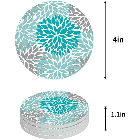FMSHPON Multicolor Dahlia Pinnata Flower Customized Green,Blue,Grey Set of 4 Round Coaster for Drinks, Absorbent Ceramic Stone Coasters Cup Mat with Cork Base for Coffee Table Bar Decor