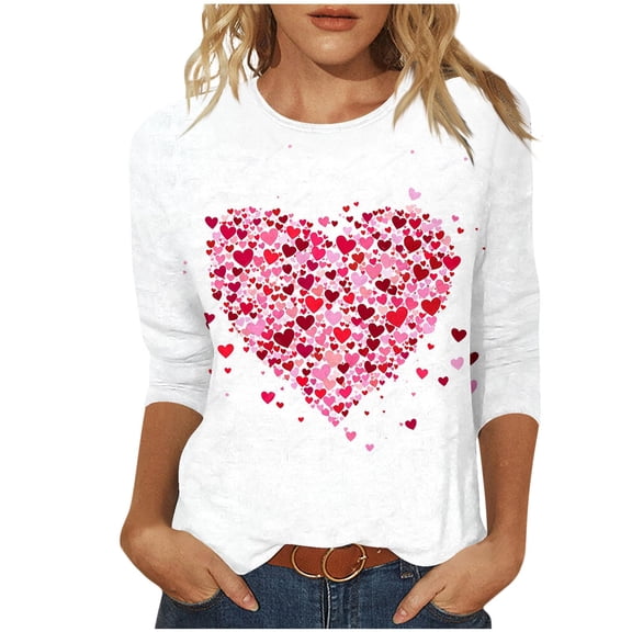 qucoqpe Women's Valentine's Day T-Shirts Fashion Love Heart Printed Crew Neck 3/4 Sleeve Casual Loose Blouse Tops for Women