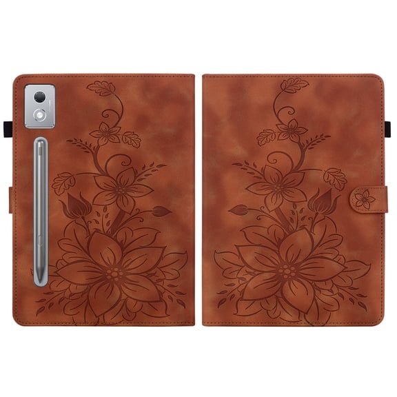 FJLBDE Case for Lenovo Idea Tab Pro 12.7 inch 2025, Embossed Flower PU Leather Flip Wallet Folio Stand Cover, Brown
