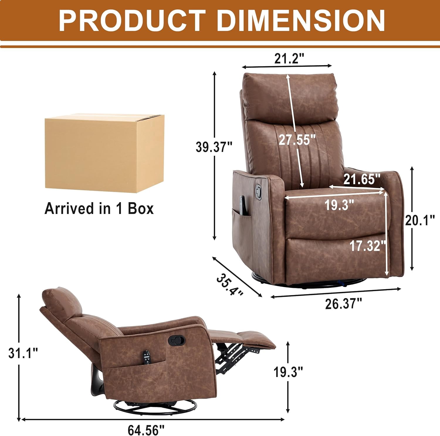 AENKYO Swivel Recliner Chair, Manual Rocking Massage Chair with Heat for Adults, for Living Room,Tan Faux Leather