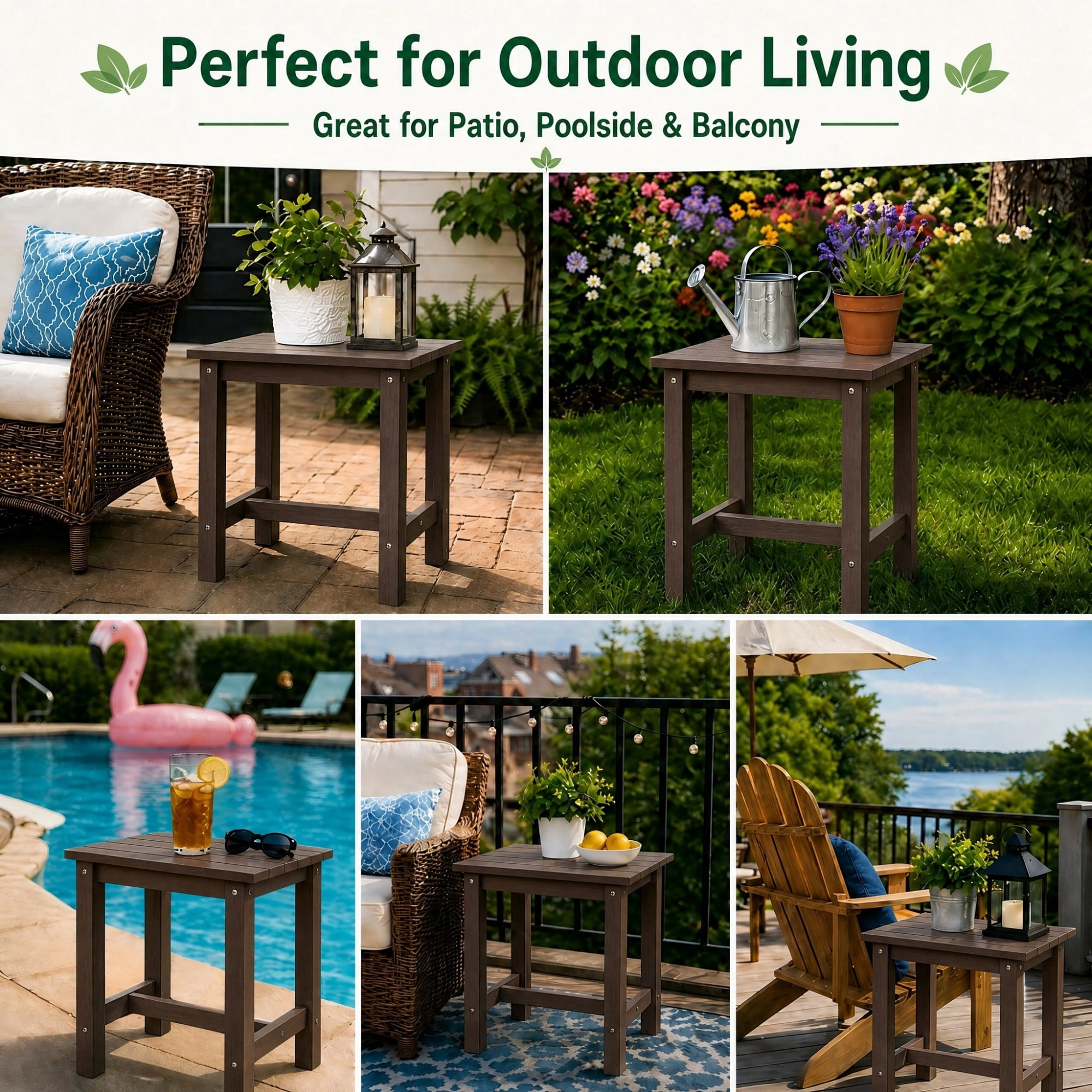 Y&M Outdoor Side Table, HDPE Patio End Table for Adirondack Chair, Weather Resistant Small Accent Table, Coffee, 2 Pack
