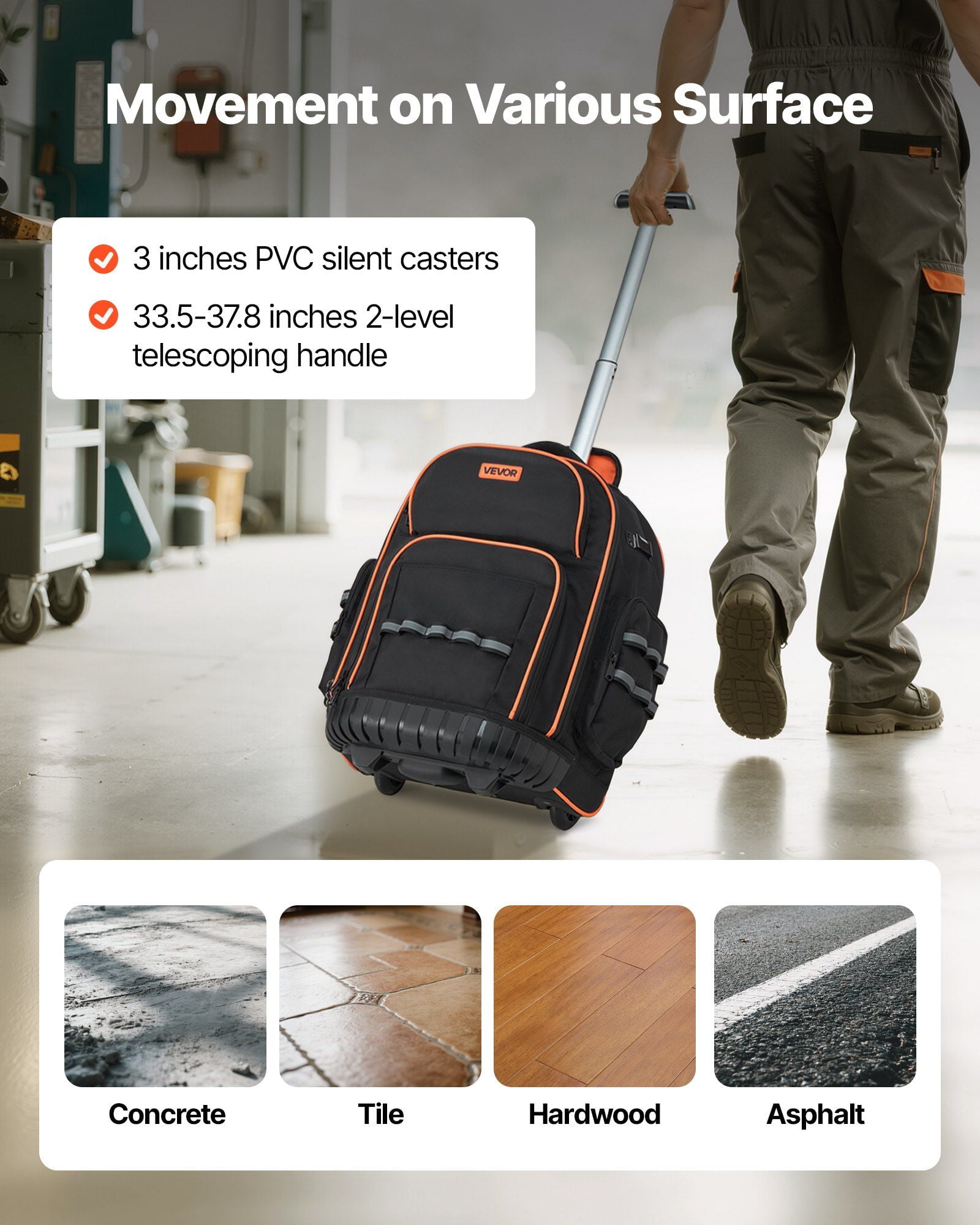 Rolling Tool Backpack 45 Pockets Heavy Duty Roller Tool Bag on Wheels