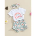 thumbnail image 3 of Bslissey Baby Girls 3Pcs Summer Outfits Short Sleeve Letter Rainbow Print Romper + Flower Print Shorts + Headband 3M 6M 12M 18M Infant Cute Casual Shorts Set, 3 of 8