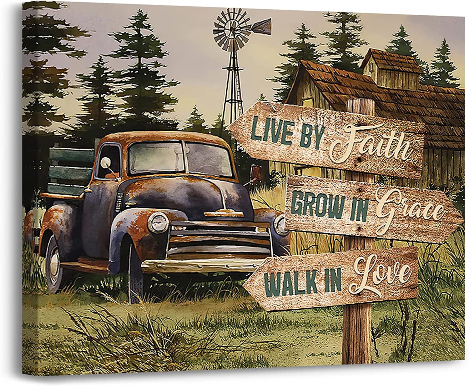 WISH TREE Rustic Wall Decor Old Barn Painted Old Car Canvas Wall Art  Country Farmhouse Wesome Farmlife Artwork For Bedroom Bathroom