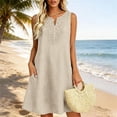 thumbnail image 6 of Pumxq Linen Dress for Women Boho Embroidered Midi Sleeveless V Neck Summer A-Line Tunic Tank Dresses Loose Beach Sundress Khaki 2XL, 6 of 8