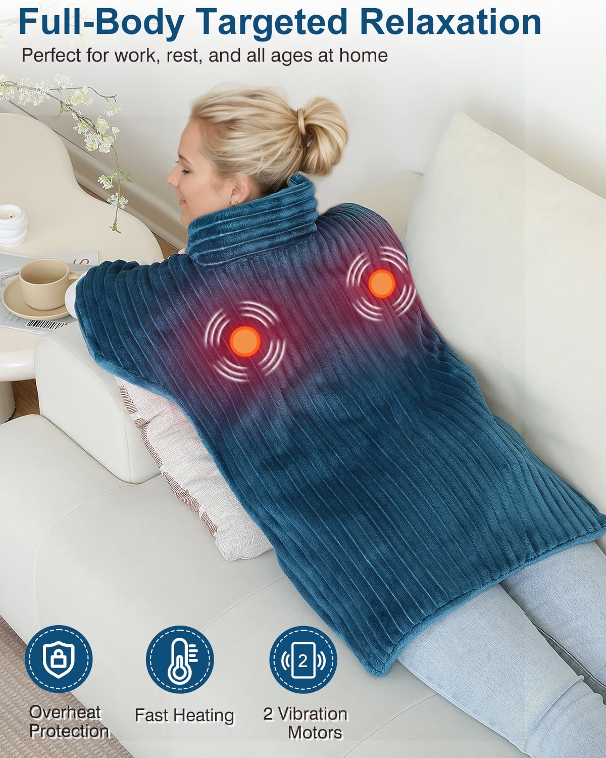 Heating Pad with Massager for Back Pain Relief 24 x35inch,Auto-Shut Off, 2 Heat Settings Wearable Heating Pad Wrap,Machine Washable,Teal