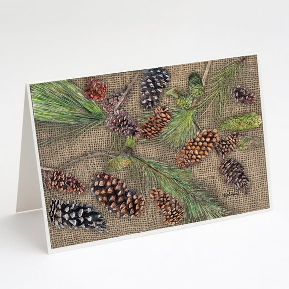 Pine Cones on Faux Burlap Greeting Cards and Envelopes Pack of 8