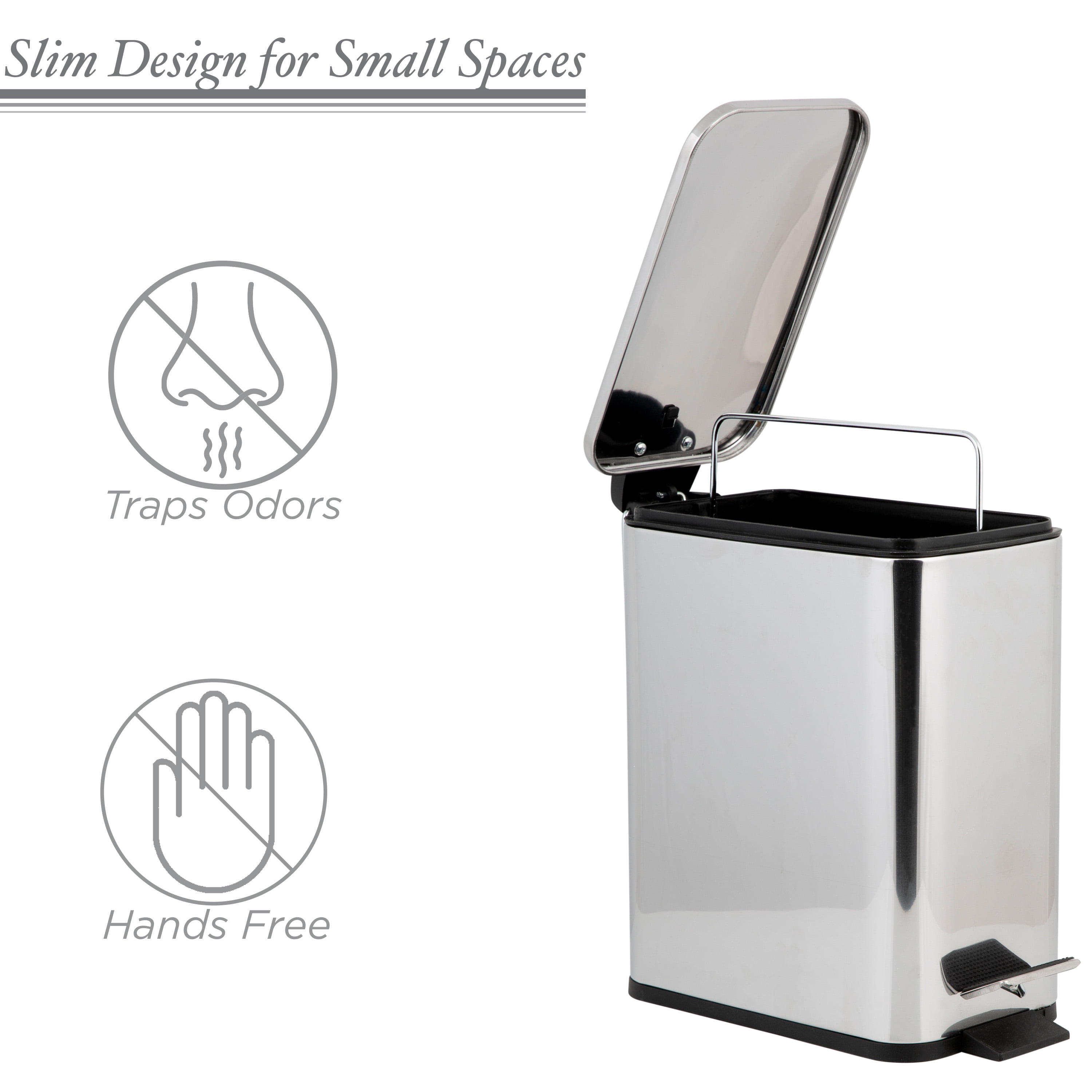 Simplify Slim Rectangular 5 Liter Step Pedal Bathroom Trash Bin, Stainless Steel