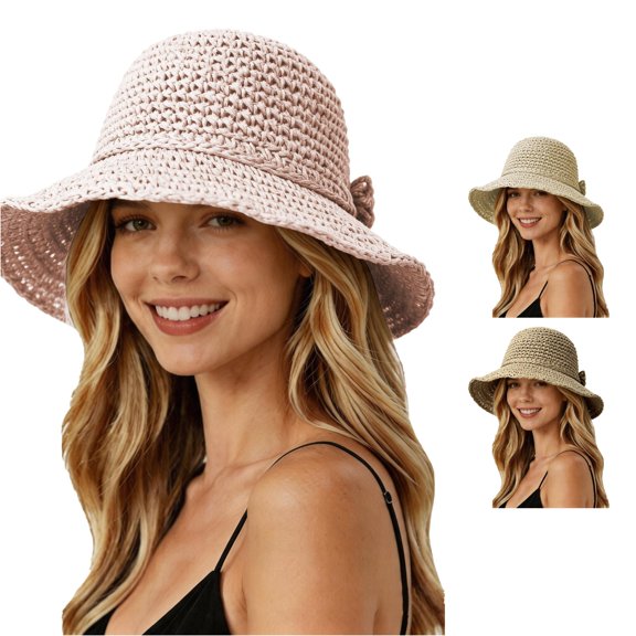 Unir Foldable Sun Hat for Women, Wide Brim Crochet Straw, Lightweight UV Protection Beach Hat, 1 Piece, One Size