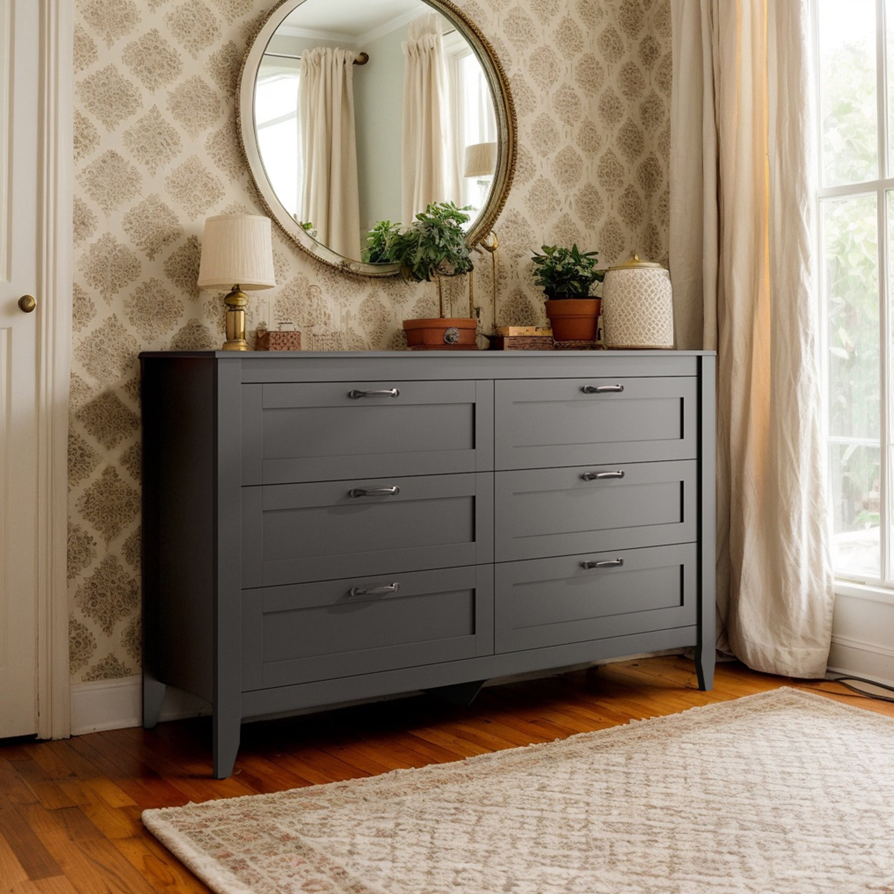 GALAXHERO 6-Drawer Double Wood Dresser - Farmhouse Chest of Drawers with Metal Handles for Bedroom, Living Room, Entryway, Black
