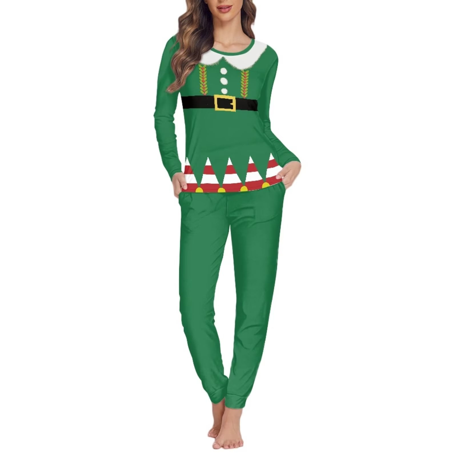 Renewold Christmas Matching Family Pajamas Sets Breathable Green Lounge Set with Elf Graphic 2 Pieces Thermal Winter Sports Outfits Women Sleep Nightwear Size 4XL