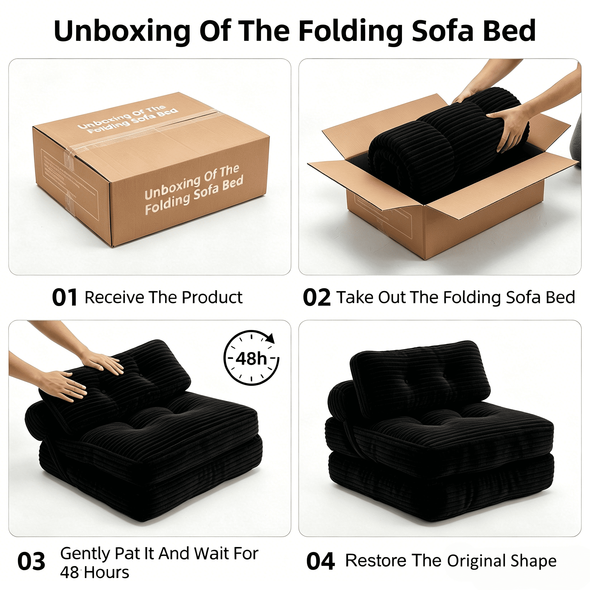 Howcool Corduroy Folding Sofa Bed,3 in 1 Convertible Sleeper Chair with Pillow & Lumbar Pillow,Boneless Floor Sofa Couch Lounge Chair for Living Room Dorm,Black
