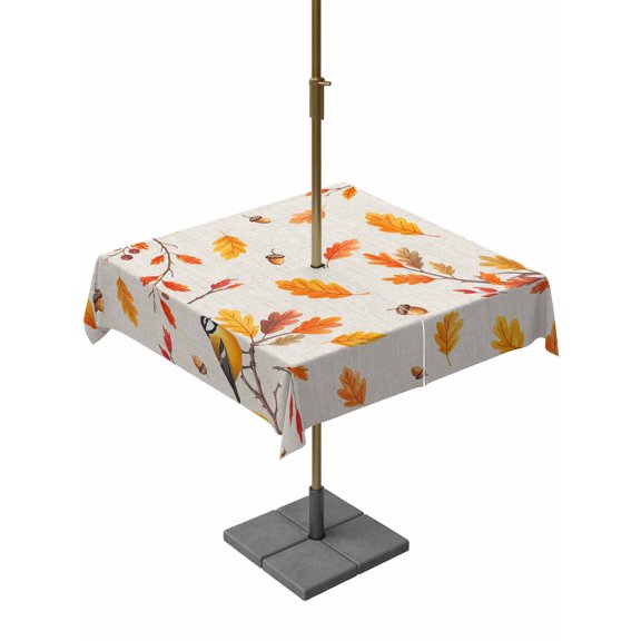 Outdoor Tablecloth with Umbrella Hole and Zipper, Orange Leaves Fall Square Table Cloth 54x54 Inch Waterproof Tablecloth, Branches Birds Pine Cones Rustic Picnic Table Cover for Patio Camping