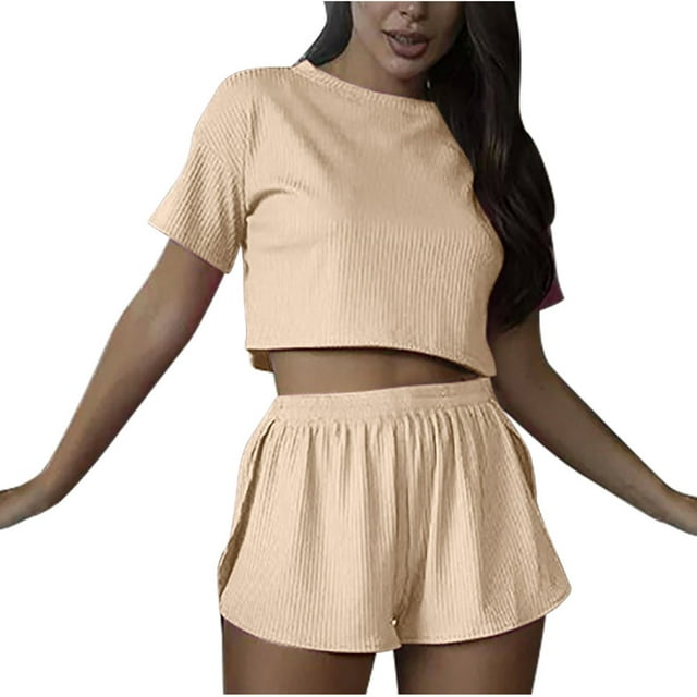 Yuyuzo Ensembles de Pyjama pour Femmes Deux Pièces Col Ras du Cou Manches Courtes Haut Court P Shorts Taille Haute Vêtements de Détente