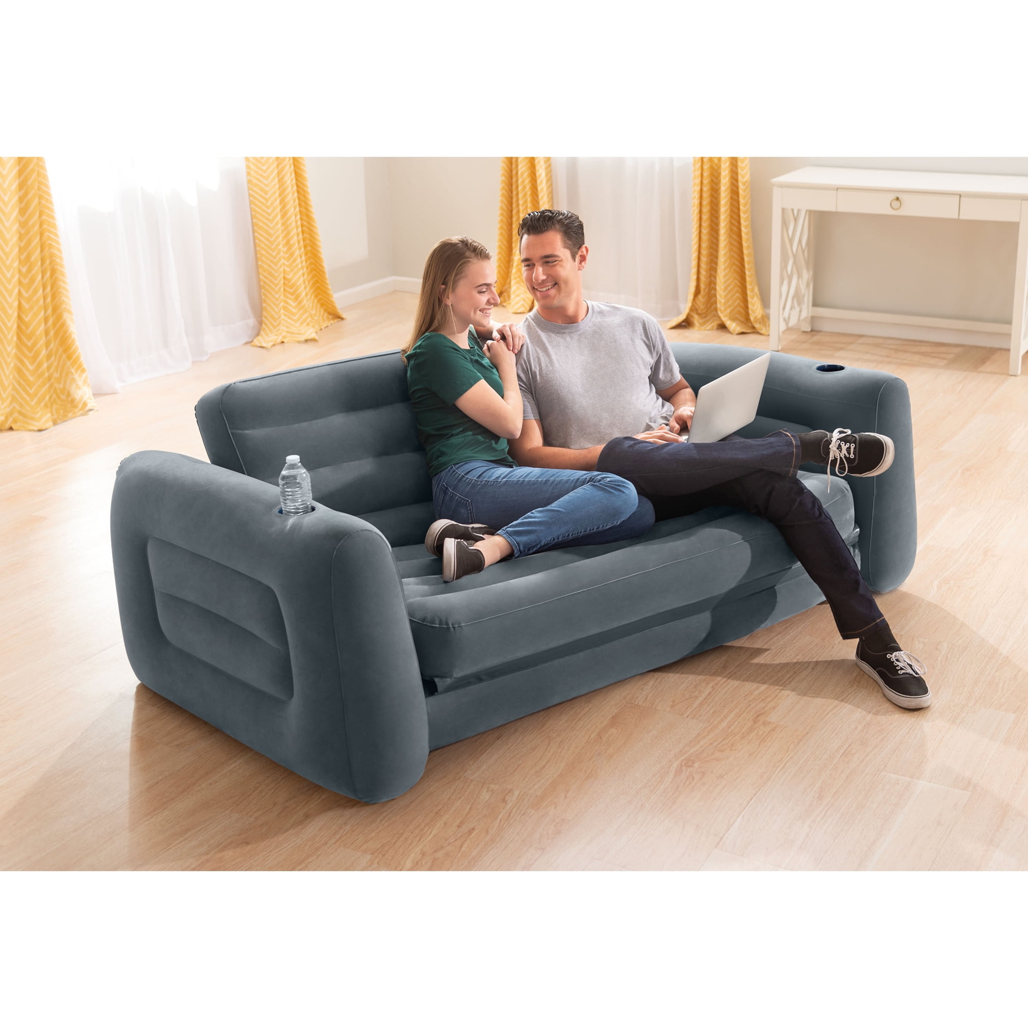 Intex Queen Size Inflatable Pull Out Sofa Bed Couch and Chair Sleeper Dark Gray