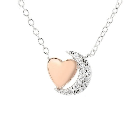 Two Tone and 18K Rose Gold Heart and Moon with Crystals Pendant