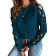 thumbnail image 3 of Women'S Y2K Fashion Solid Color Hollow Raglan Sleeve Crew Neck Sweater Blue S, 3 of 9