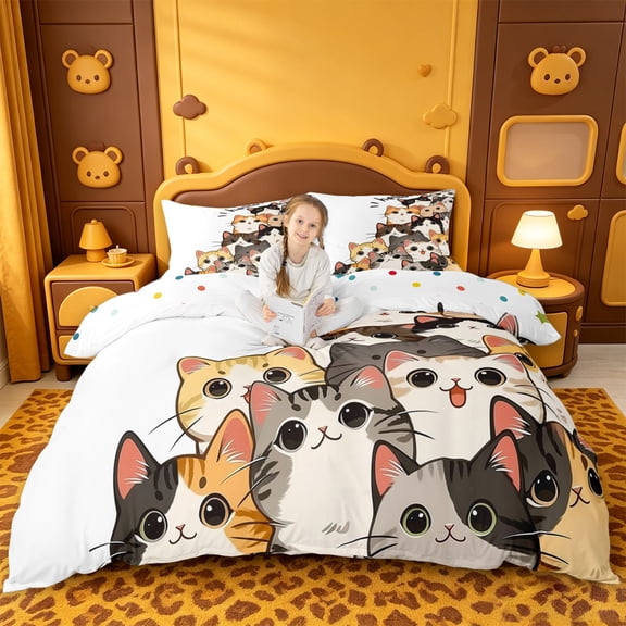 meiyoeat Hello Cat Bedding,Cute Print Duvet Cover Full For Girl,Reversible,3pcs,1 Duvet Cover and 2 Pillowcases