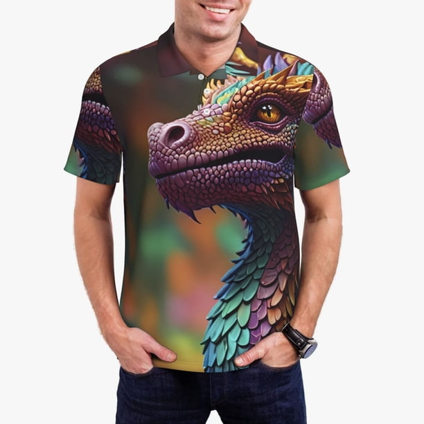 Balery Rainbow Scales Fantasy Dragon Camisa Polo de Hombre con Estampado, de Manga Corta y Tejido Medio, Camisa Tipo Golf Polo-3X-Large