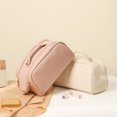 thumbnail image 3 of Multifunctional Creative Double Zipper Simple Solid Color Pu Leather Large Travel Toiletry Bag Women Cosmetic Bag Storage Bag Makeup Case BROWN, 3 of 8