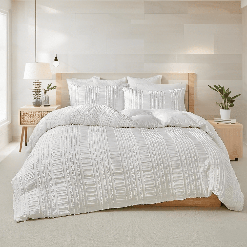 JOLUSERE White Duvet Cover King Sets, 3 Pieces Soft Breathable Striped Textured Comforter Cover Set