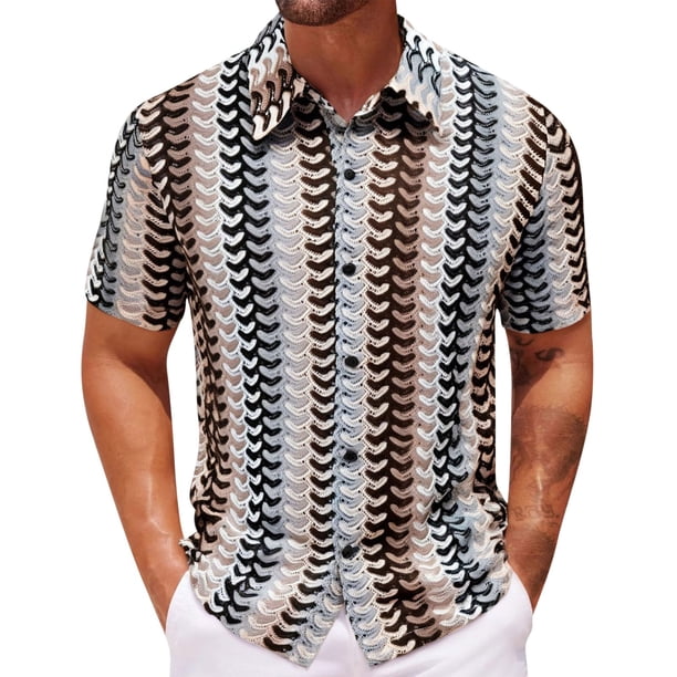 Camisas de Verano Casuales de los Hombres Cuello Cuadrado de Terciopelo de Oro Manga Corta, Botón de Color Sólido para las Vacaciones en la Playa, Estilo Casual con Pantalones O Pantalones Cortos