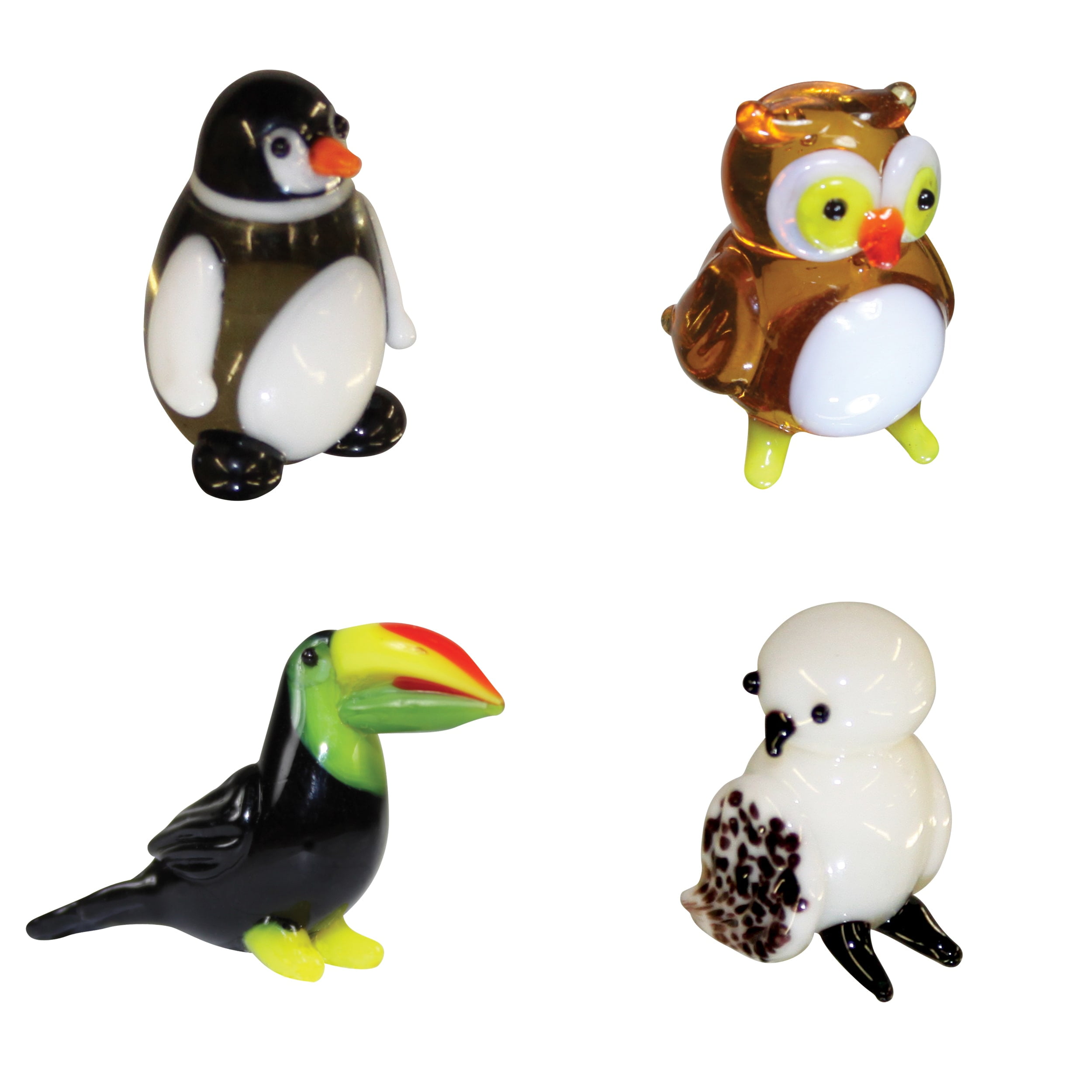 BrainStorm Looking Glass Miniature Glass Figurines, 4-Pack,  Penguin/Owl/Toucan/Snow Owl 