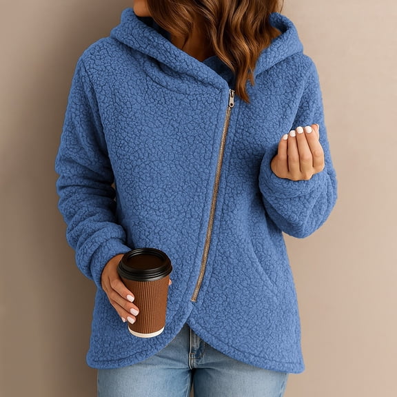 Women's Casual Fleece Jacket, Asymmetrical Zipper Hooded Coat, Lightweight Long Sleeve Outerwear, Spring Fall Transitional Jacket, Loose Fit Fashion Coat, Cozy Sherpa Jacket Blue L