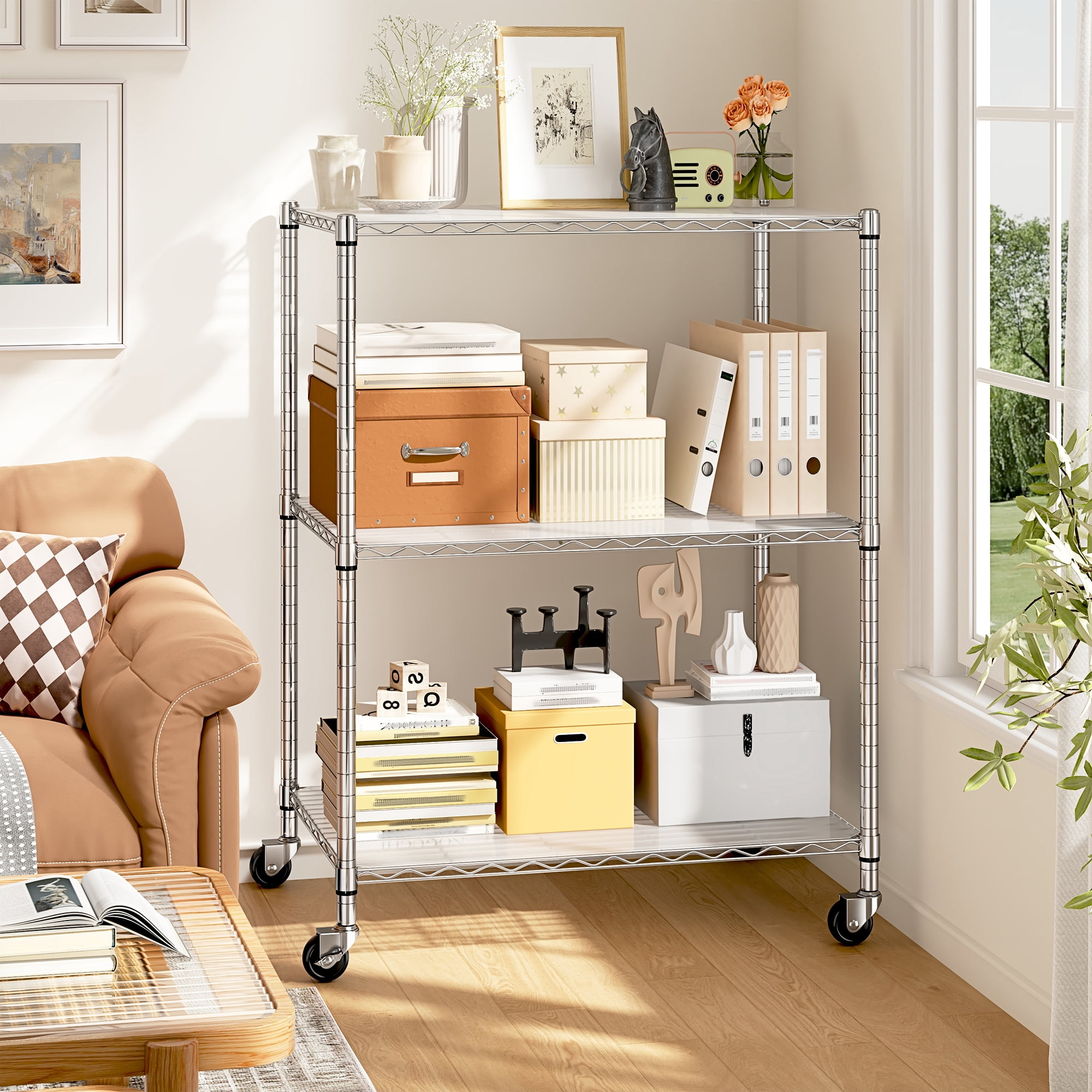 REIBII 3-Tier Wire Shelving Unit with Wheels,36"Wx18"D Heavy Duty Storage Rack,Adjustable Utility Organizer for Garage,Laundry,Pantry,300 lbs Per Shelf Chrome