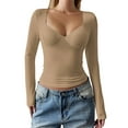 thumbnail image 2 of Female Long Sleeve V Neck T Shirts Double Lined Crop Top Seamed Cup Going Out Tops Camel Color M, 2 of 6