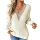 thumbnail image 1 of Suéteres de Larga para Mujer, de Otoño, con Encaje, Cuello en V, de Punto, Hombros Caídos, Jerseys, Tops. Crema S, 1 of 9