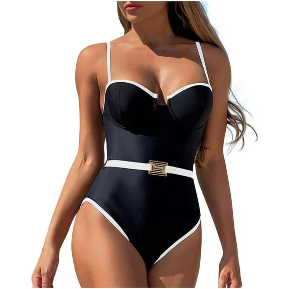 WREESH Women's Tummy Control One Piece Swimsuit with Belt - Color Block Slim Swimwear Beach Bathing Suit Black