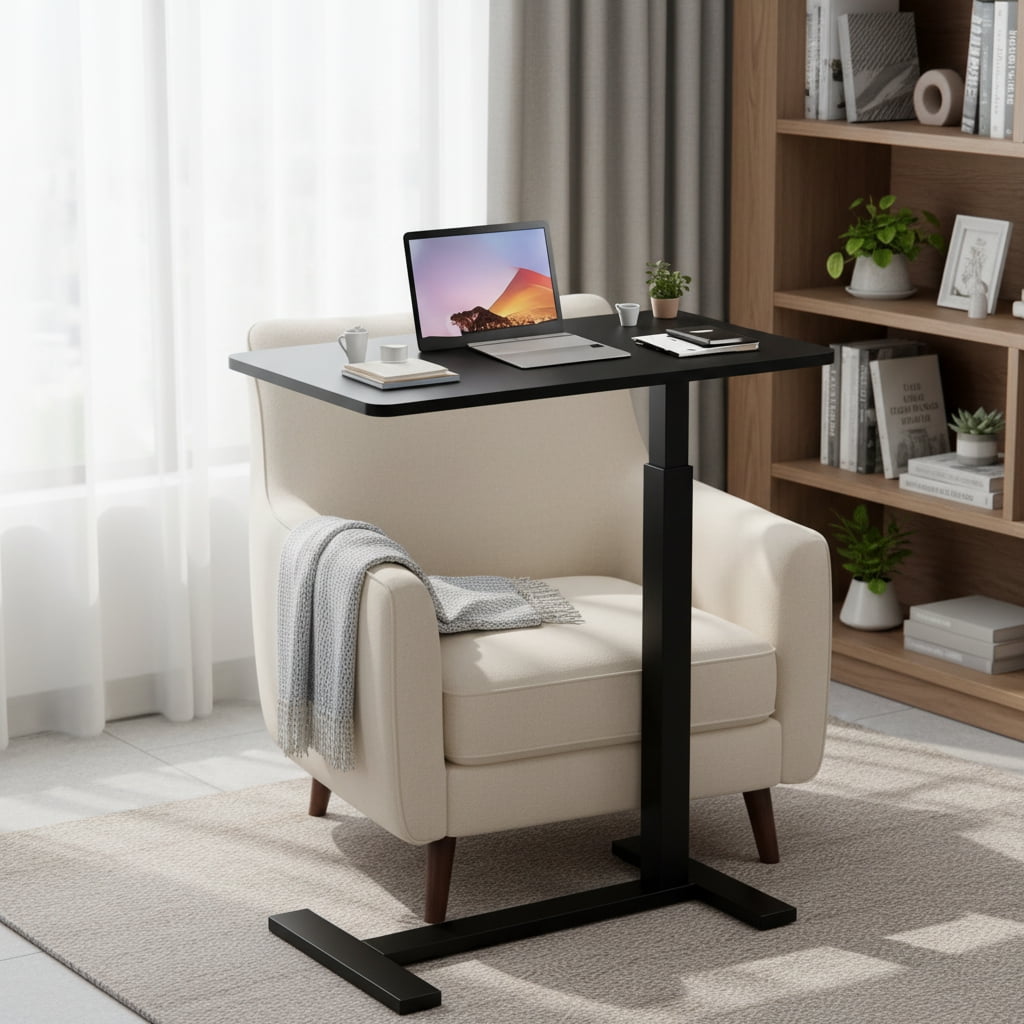 CONCETTA Overbed Table with Wheels, Mobile and Adjustable height Standing Desk, Saves Space for Hospital, Bedside, Black