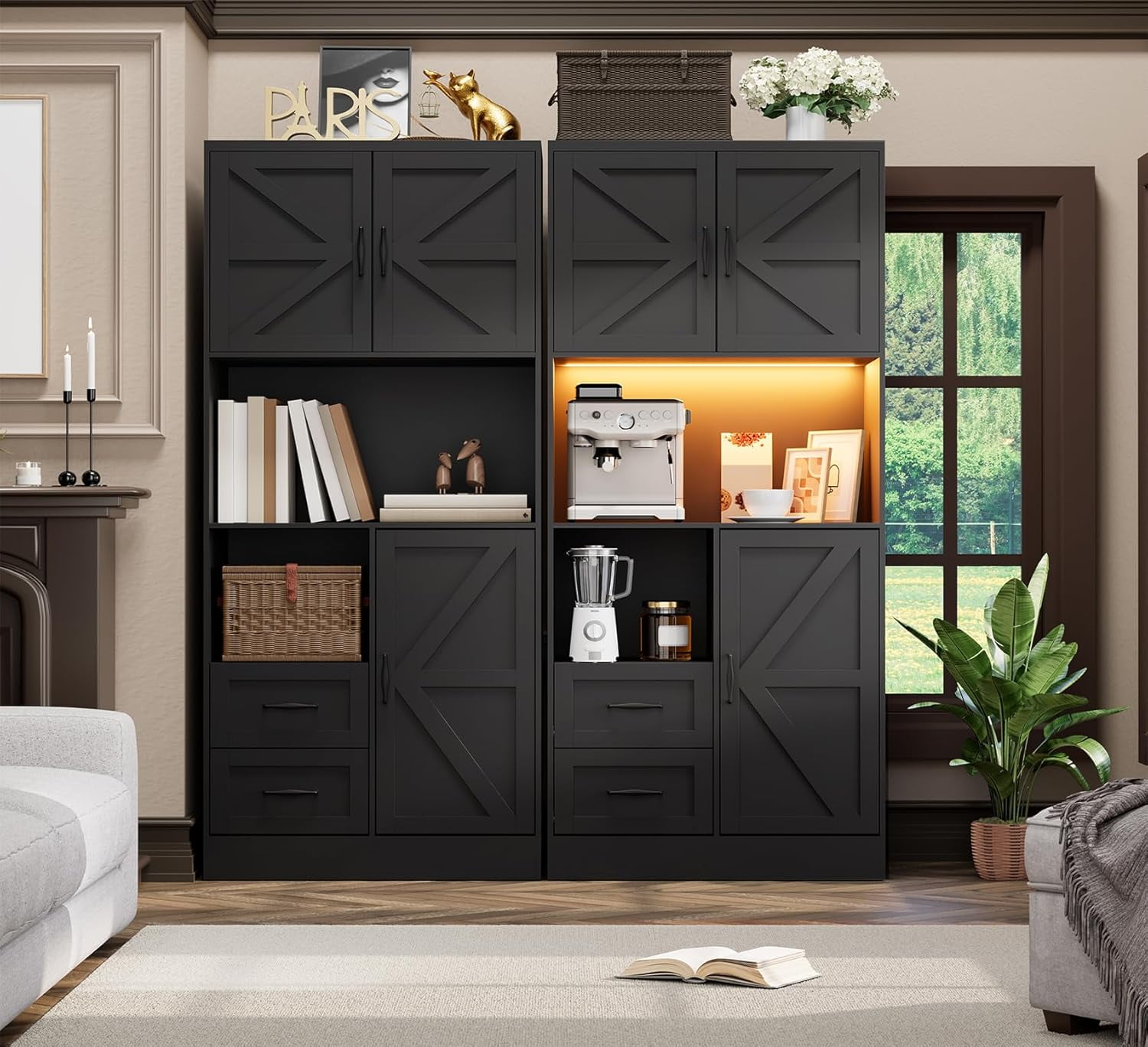 Winkalon 68'' Kitchen Pantry Hutch with Charging Station and LED Light, Buffet Storage Cabinet with Adjustable Shelves, Black